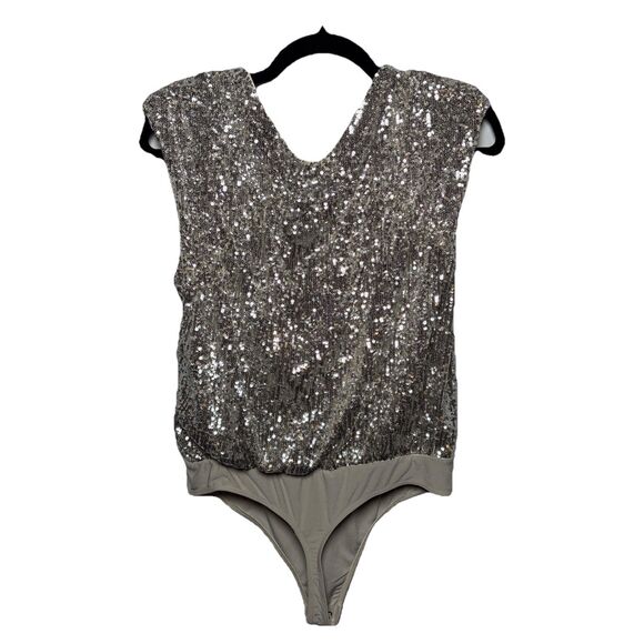 Express Womens Small  Silver Sequin Sparkly Stretchy Bodysuit Y2K Glam party - Picture 2 of 7